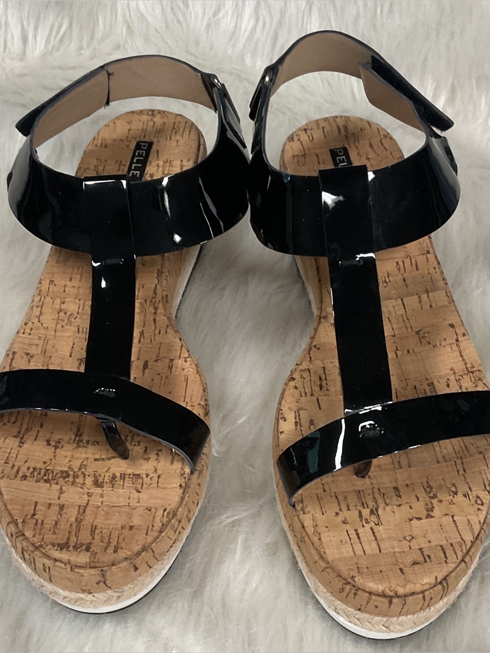 Pelle Moda Black Patent Cork T-Strap Wedge Sandals